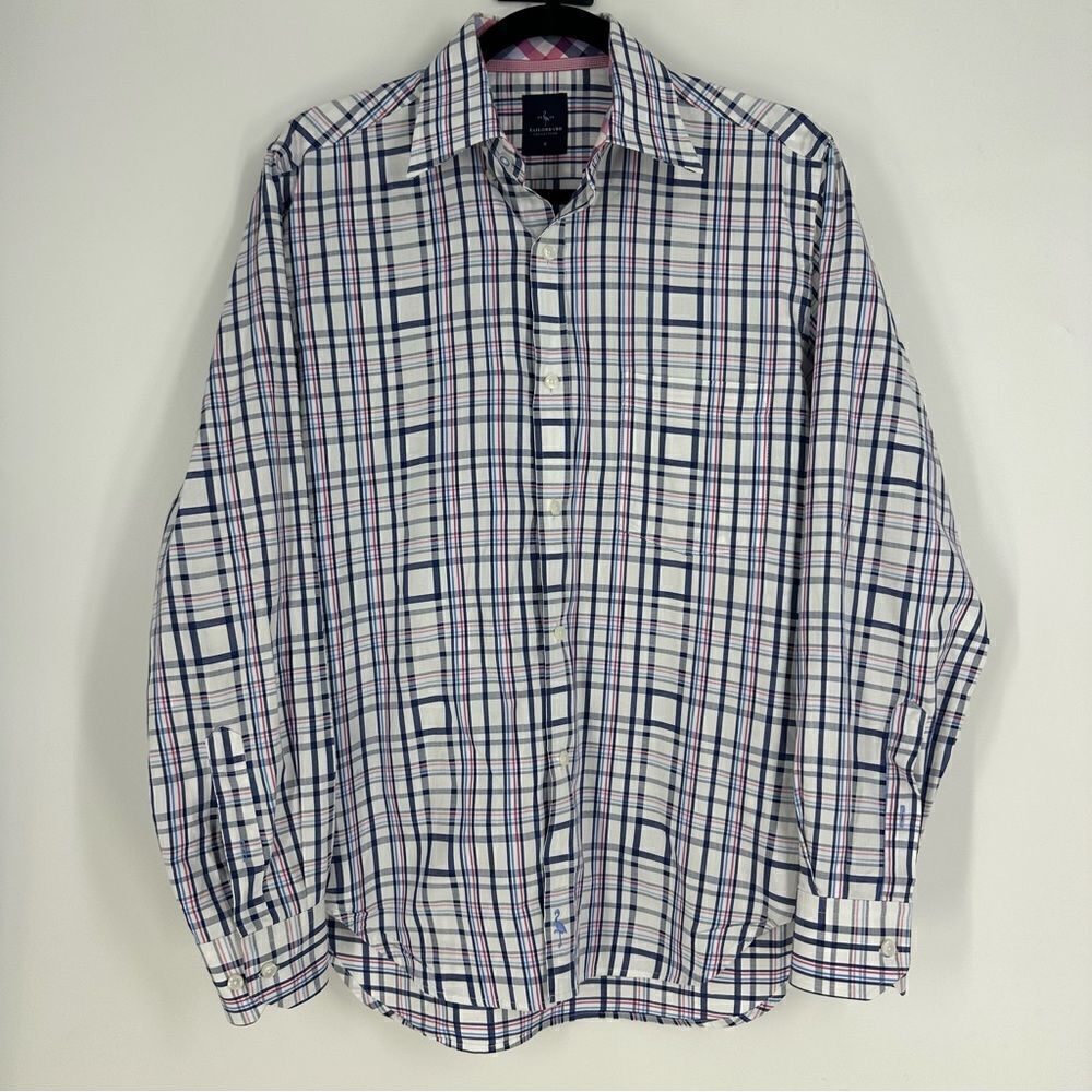 TAILORBYRD Men’s Navy Pink Plaid Long-sleeve Button Down Sz S